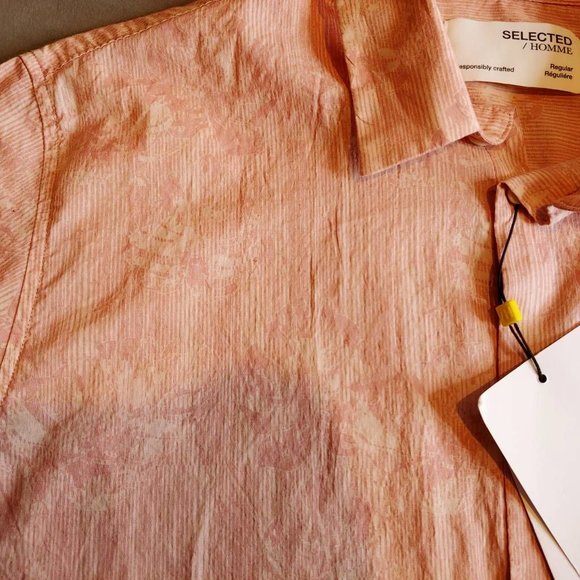 Selected Homme Mens Button Front Shirt Pink Striped Leaves Short Sleeve 16.5 New - Picture 6 of 10